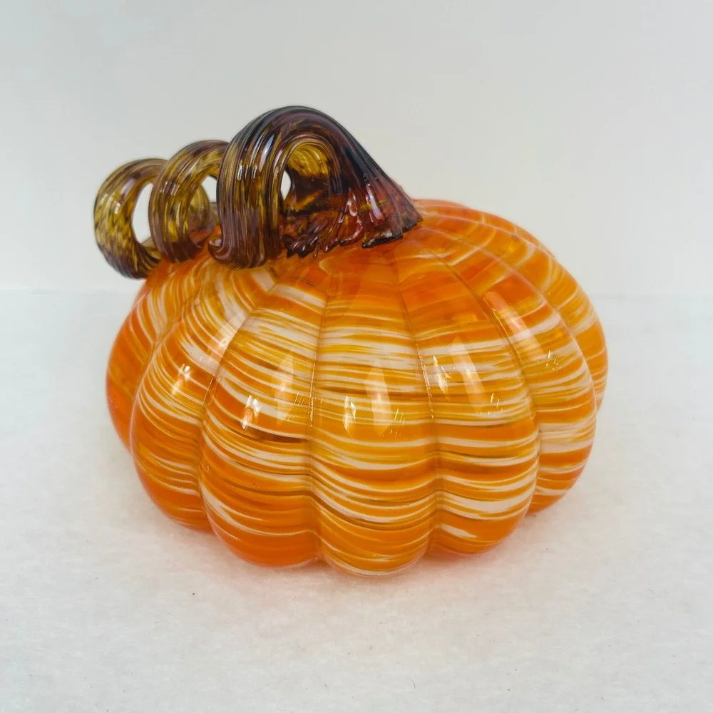 Hand Blown Glass Pumpkin Orange White Swirl Amber Curly Stem Fall Decor 5x4